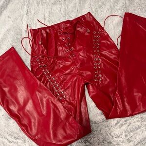Red Lace-Up Faux Leather Pants
